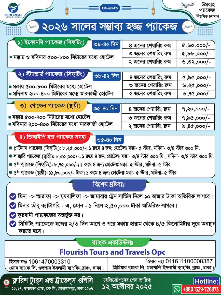 Hajj cost packages 2026 Bangladesh Flourish | হজ্জ ২০২৬ এর সর্বনিম্ন প্যাকেজ খরচ কত